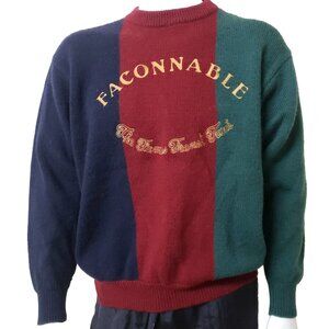 Faconnable Wool Sweater Mens L Blue Red Green Crew Neck Thick Heavy Pullover